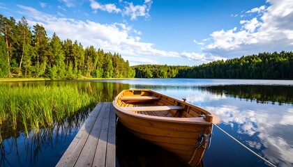 Naklejka premium Wooden boat on a dock, lake, forest