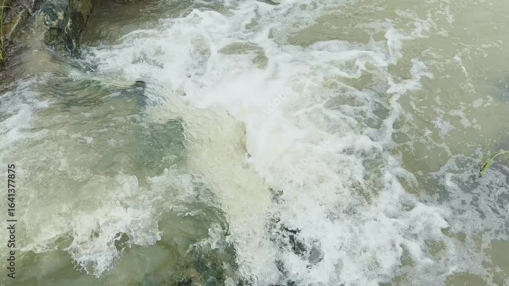 Poster a dynamic scene of turbulent, rushing water from a section of a river stream with a strong current t