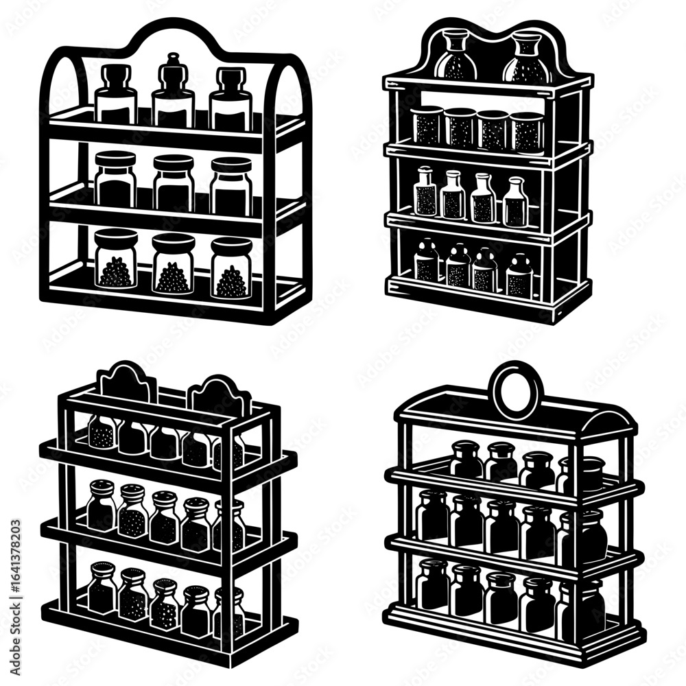 Poster four different styles of spice racks filled with various jars and bottles in black and white drawing