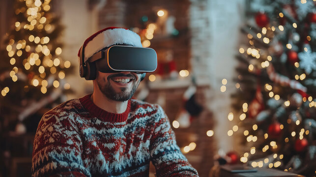 A young Caucasian man wearing a virtual reality headset and Christmas sweater. He is smiling and gesturing with his hands in a festive room decorated for Christmas.