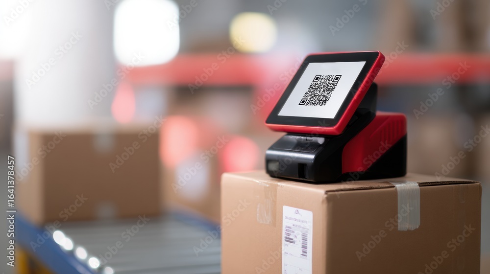 Poster barcode scanner stand is positioned cardboard box warehouse setting, showcasing its functionality in