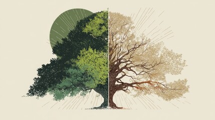 Symmetrical visual of a single tree half covered in lush green leaves full of life and half stripped bare and withered
