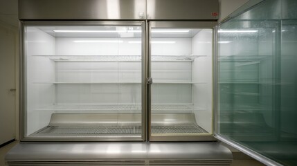 Empty glass door refrigerator with multiple shelves, designed for sterile environments, showcases clean and modern aesthetic. interior is well lit, emphasizing spaciousness and functionality