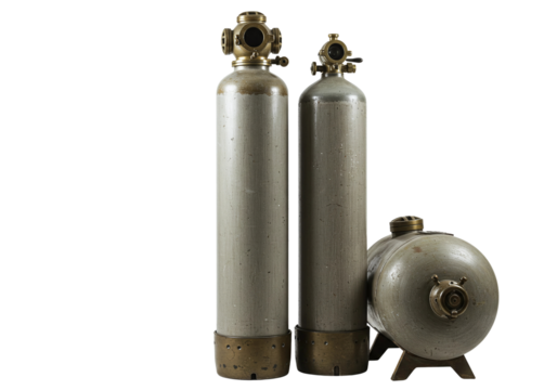 industrial compressed gas cylinders with valves and gauges isolated on studio shot transparent background