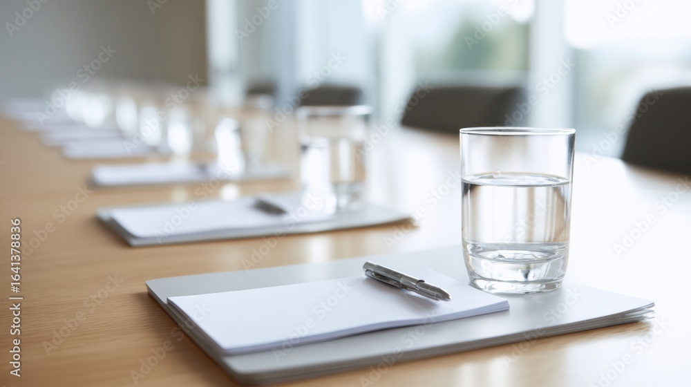 Poster modern meeting table set up with notepads and glasses of water, creating professional atmosphere for