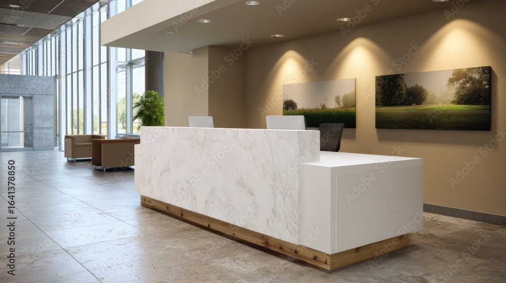 Aufkleber modern reception counter designed with neutral materials, creating calm and inviting atmosphere. spa