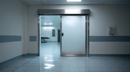 Sterile operating theatre entrance features closed sliding door, emphasizing clean and professional environment. hallway is well lit, enhancing clinical atmosphere
