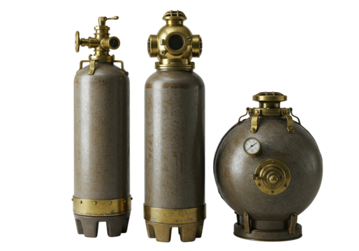 industrial compressed gas cylinders with valves and gauges isolated on studio shot transparent background