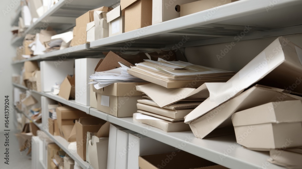 Poster overflowing archive shelf filled with plain boxes and disorganized papers creates chaotic yet intrig