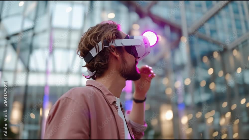 Poster exploring virtual reality technology in an urban environment during a vibrant tech event
