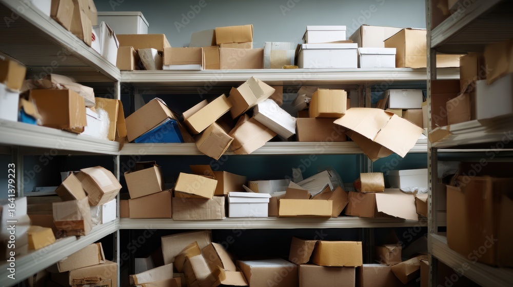 Poster overflowing archive shelf filled with plain boxes, creating chaotic yet intriguing scene. disarray o