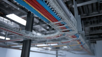 Neatly organized overhead cable tray with colorful wiring in industrial setting, showcasing advanced technology and efficient design. vibrant colors enhance visual appeal of installation