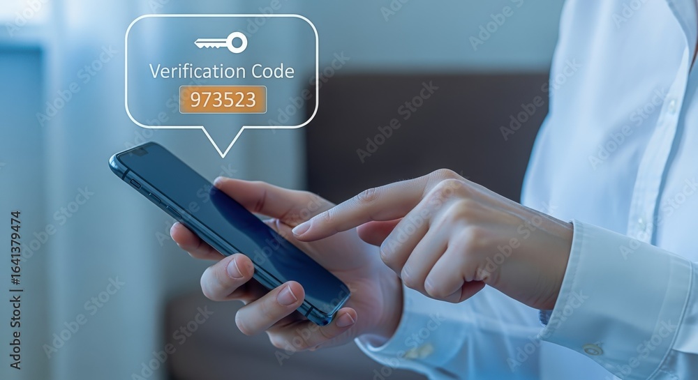 Poster woman using phone for two-factor authentication, receiving verification code on mobile device, secur