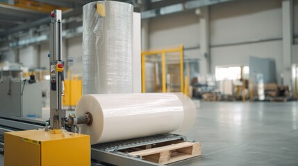 Pallet wrapping station is shown clean industrial setting, featuring large roll of stretch film and machine designed for efficient packaging. environment is well lit and organized, emphasizing