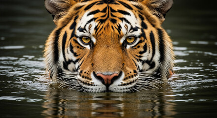  Close-up of a majestic adult tiger with bright orange and black-striped wet fur emerging from dark water, intense amber eyes glowing under dramatic cinematic lighting, capturing its powerful and aler