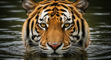  Close-up of a majestic adult tiger with bright orange and black-striped wet fur emerging from dark water, intense amber eyes glowing under dramatic cinematic lighting, capturing its powerful and aler