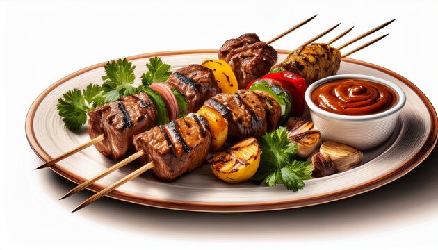 juicy grilled meat skewers with flavorful sides vintage isolated with white highlights