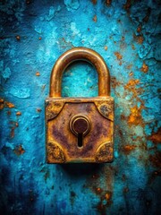 Old golden padlock with rusted metal surface and intricate details on a vibrant blue background
