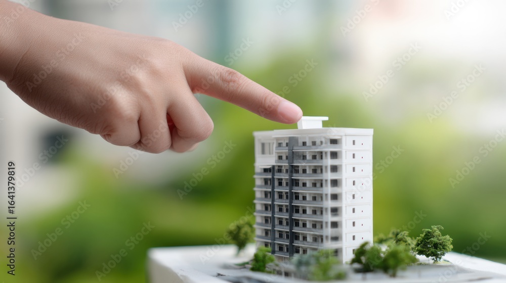 Poster hand is gently hovering above miniature building model, showcasing sense of interaction and creativi