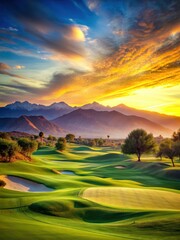 Fototapeta premium Serene golf course at sunset with rolling hills and majestic mountains in the background