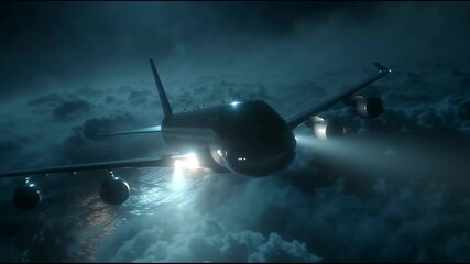 A cinematic exterior tracking shot of a massive airplane flying at night over a vast, dark ocean its bright lights cutting through the night sky, illuminating thick clouds rushing past - Powered by Adobe