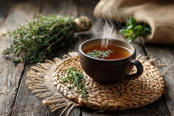 Rustic, steaming thyme tea in a brown ceramic cup on wooden table. Perfect for natural remedies, wellness, and herbal tea concepts.