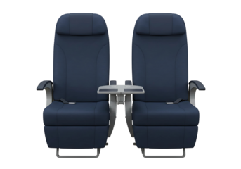  dark blue airplane seats side by side isolated on transparent background