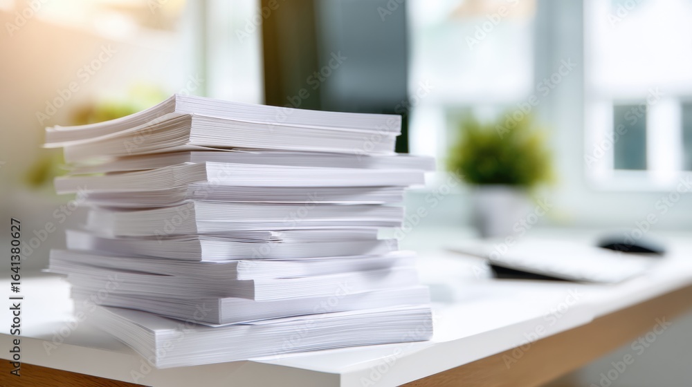 Aufkleber stack of identical blank documents rests on desk, symbolizing organization and productivity in moder