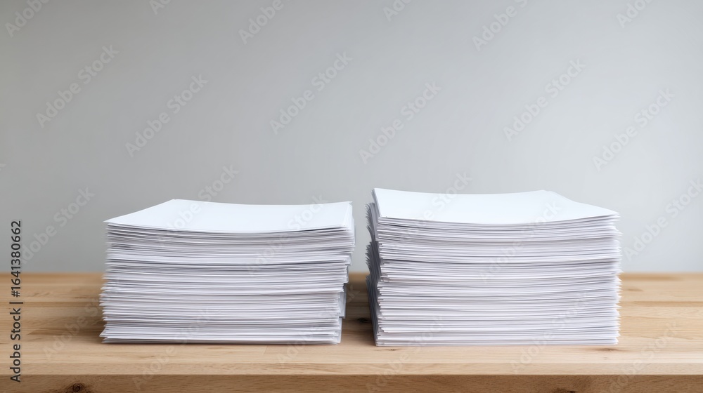 Poster stacks of identical blank forms are neatly arranged side by side on wooden surface, showcasing clean