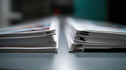 Two identical stacks of binders are mirrored on both sides, showcasing neat arrangement of pages. image captures high fidelity of binders, emphasizing their organized structure and detail