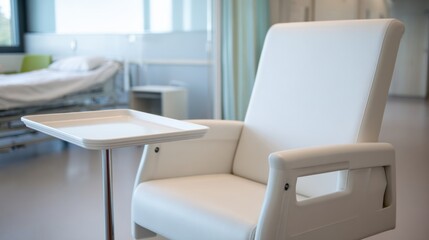 Fototapeta premium Modern white clinical chair with empty tray table in spacious hospital room, conveying sense of cleanliness and comfort. soft lighting enhances serene atmosphere