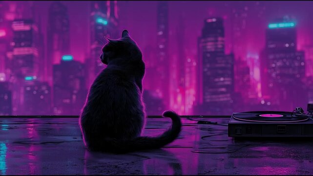 A relaxed black cat sitting with its back to the viewer, head slightly turned as it gazes at a vivid electric-purple neon skyline, cinematic night rooftop scene, wet concrete reflecting violet glow,