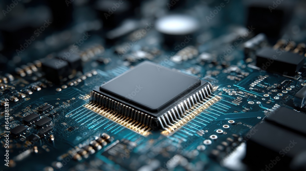 Poster close up of a computer chip on a circuit board, shallow depth of field. use for technology, computin