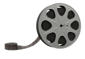 Vintage film reel with loose film strip isolated on transparent background