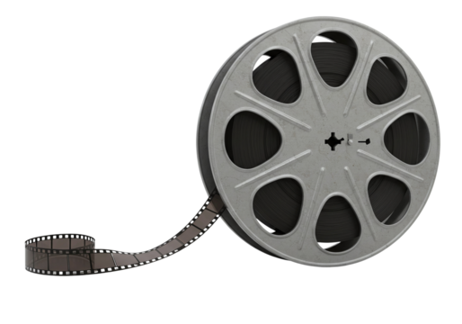 Vintage film reel with loose film strip isolated on transparent background - Powered by Adobe