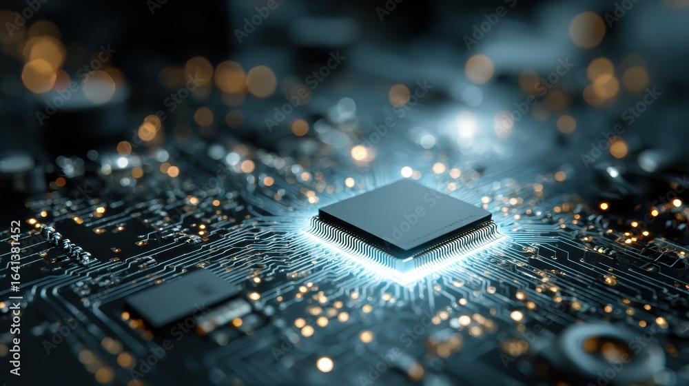 Poster glowing cpu on motherboard with intricate circuit patterns in a dark environment. perfect for illust