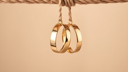 Golden wedding rings suspended on jute rope, elegant close-up with soft lighting enhancing their shine.