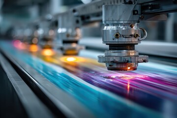 Industrial printing equipment prints vibrant color. Good for hi-tech, manufacturing and business promotion.