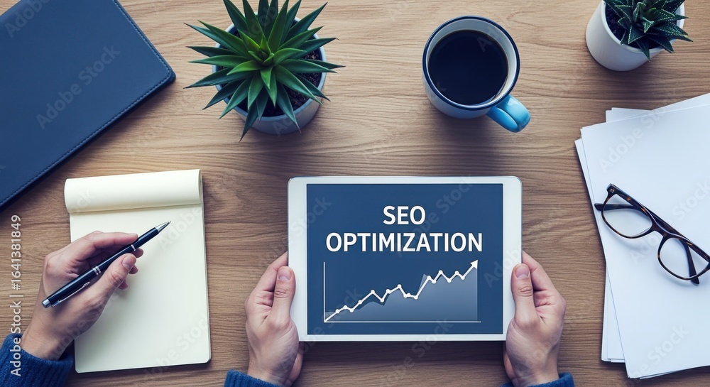Poster seo optimization strategy displayed on tablet with workspace elements for digital marketing success