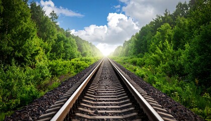 Fototapeta premium Train tracks leading to a bright sky through a lush forest