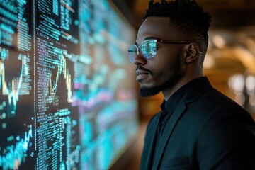 Focused Data Analyst Examining Complex Graphs and Code Reflecting in His on transparent background