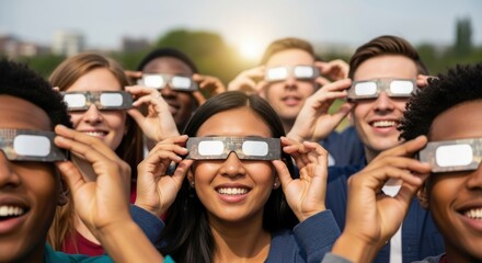 Obraz premium diverse group of young people wearing solar eclipse glasses outdoors