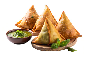 A group of samosas with green chutney on a wooden board against white background