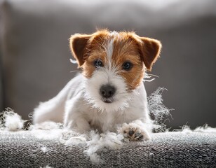 fluffy jack russell puppy shedding soft fur during molting season playfully bouncing on a cozy gray sofa dreamy atmosphere isolated with white highlights