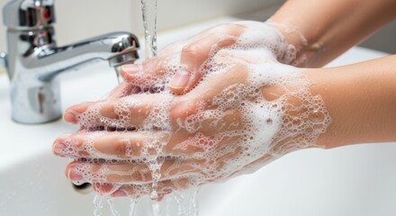 Fototapeta premium person washing hands with soap and water under faucet