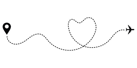 Airplane dotted route line set. Airplane dashed line path flat style design isolated on white background. plane icon follow from start pin point to finish by dashed line. Airplane route trace flight