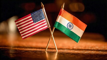 USA and India Flags Crossed Symbolizing Bilateral Relations, Diplomacy, and International Cooperation on Wooden Table