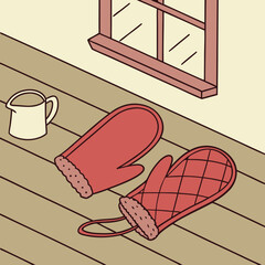 Cozy Kitchen Scene with Oven Mitts Mug and Window Illustration