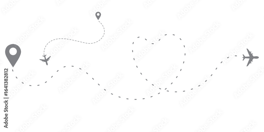 Poster airplane dotted route line set. airplane dashed line path flat style design isolated on white backgr