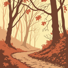 Autumn Forest Trail Illustration with Trees and Fallen Leaves in Brown Tones